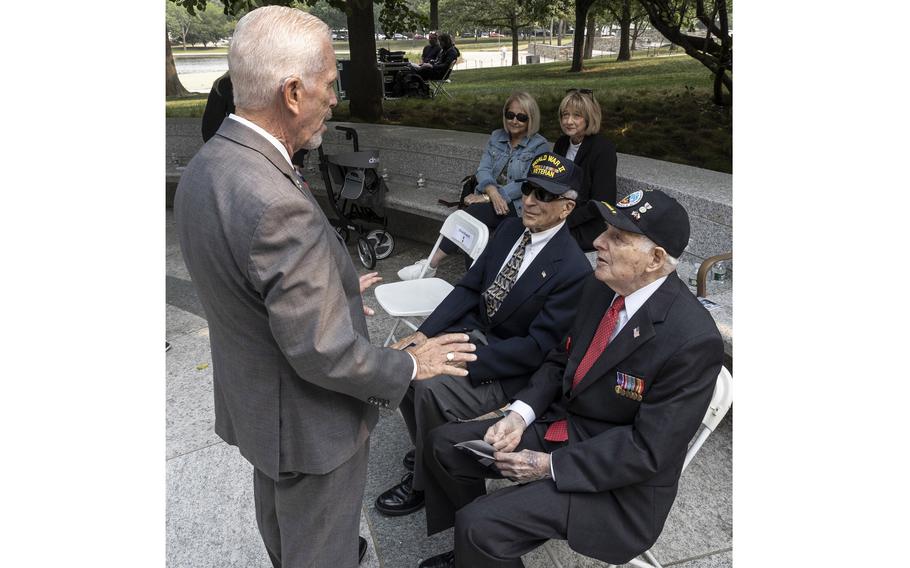 sample remembrance day speech Rep. Bill Johnson, R-Ohio, talks with veterans Frank Cohn and Lincoln Harner the National World War II Memorial in Washington, D.C., on the 79th anniversary of the start of the D-Day invasion, Tuesday, June 6, 2023.