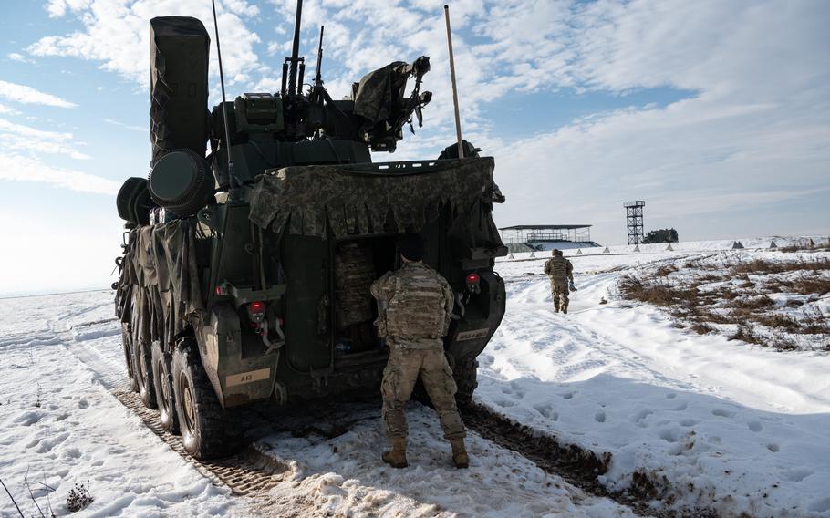 Soldiers with 1st Platoon, Able Battery, a unit of the 52nd Air Defense Artillery Brigade, train at Lest Training Area, Slovakia, Dec. 20, 2023.