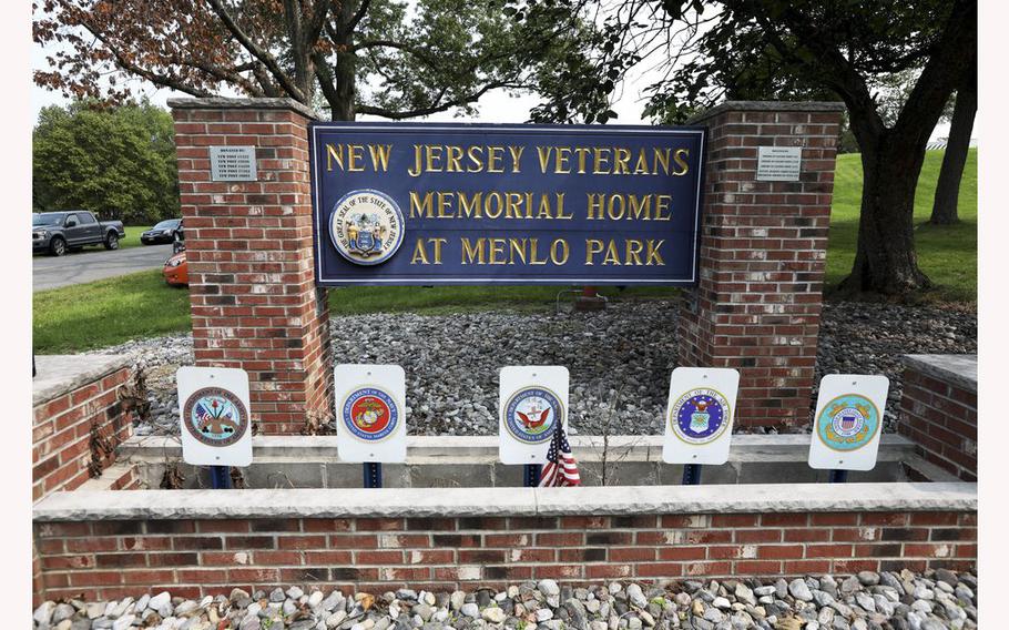 An entrance sign is seen at the state run Menlo Park nursing home for veterans in Edison, N.J., Sept. 16, 2020.