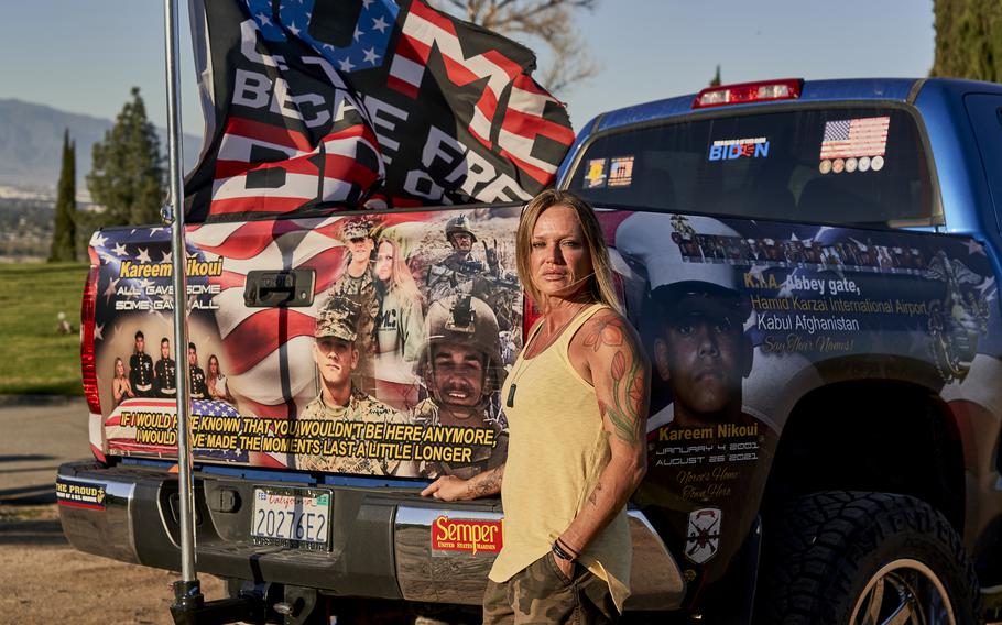 Shana Chappell’s truck memorializes her son, Marine Lance Cpl. Kareem Nikoui. She said her son’s friends told her they came under gunfire after the bombing. 