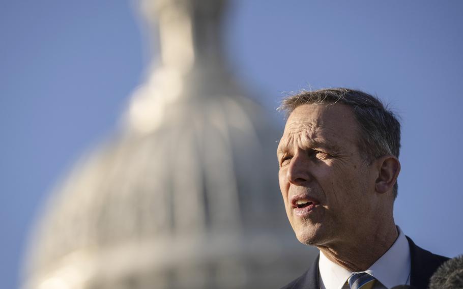 Rep. Scott Perry, R-Pa., speaks during a news conference with members of the House Freedom Caucus outside the U.S. Capitol on Feb. 28, 2022, in Washington, D.C. 