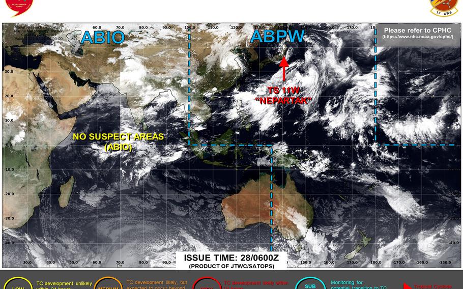 Nepartak makes its way across northern Honshu, forecast to dissipate in the Sea of Japan on Thursday.