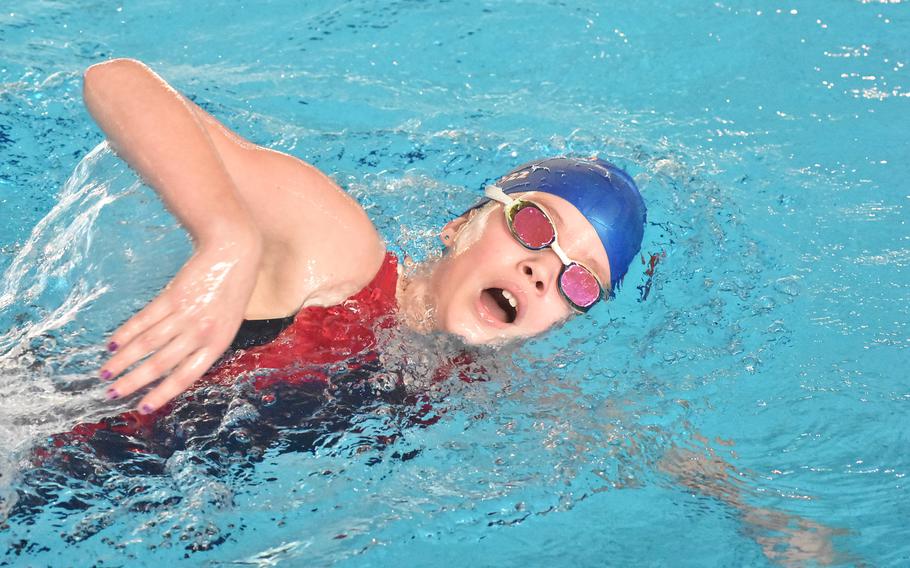 Aviano's Aubrey Anderson takes a deep breath during a heat of the girls 400-meter freestyle Sunday, Nov. 27, 2022, at the European Forces Swim League Long Distance Championships at Lignano Sabbiadoro, Italy.