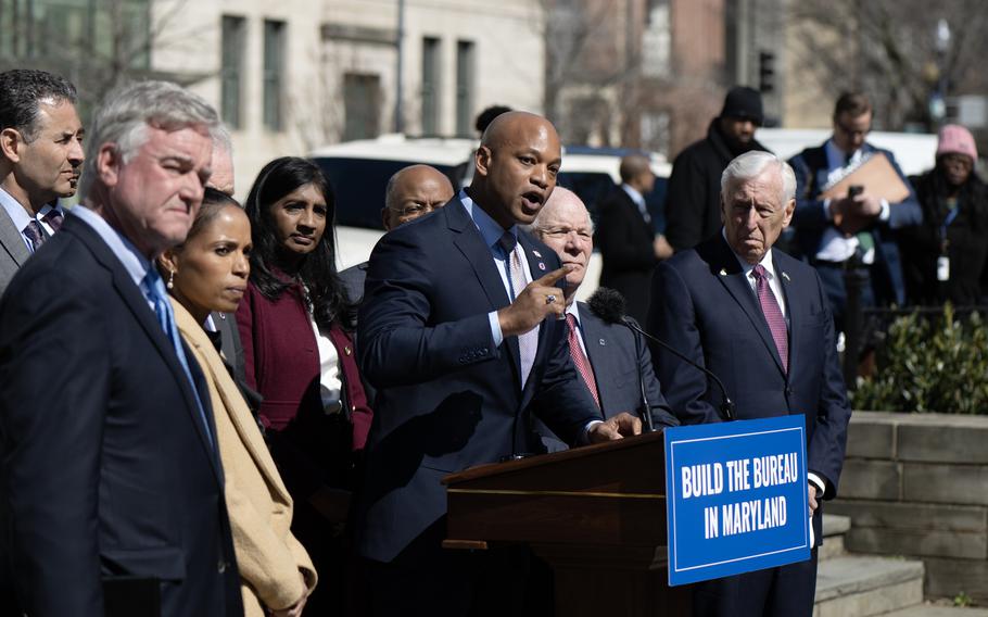 Rep. David Trone, from left, Prince George's County Executive Angela Alsobrooks, Gov. Wes Moore, Lt. Gov. Aruna Miller, Sen. Ben Cardin, and Rep. Steny H. Hoyer argue that Prince George's County is the best location for the new FBI headquarters.