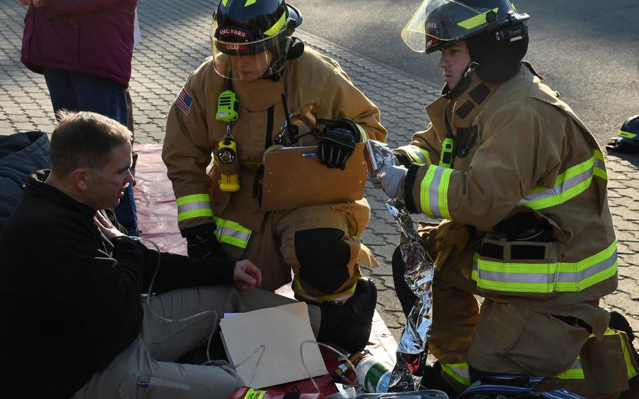 American first responders participate in a mass casualty response drill at Landstuhl Regional Medical Center, Germany, Thursday, March 10, 2022.