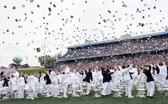 ANNAPOLIS, Md. (May 27, 2022) After three cheers for those they leave behind, newly commissioned U.S. Navy ensigns and Marine Corps second lieutenants of the U.S. Naval Academy's Class of 2022 toss their covers at the conclusion of the graduation and commissioning ceremony at Navy-Marine Corps Memorial Stadium. The Class of 2022 graduated 1,100 midshipmen and were addressed by President Joseph R. Biden Jr. (U.S. Navy photo by Stacy Godfrey)
