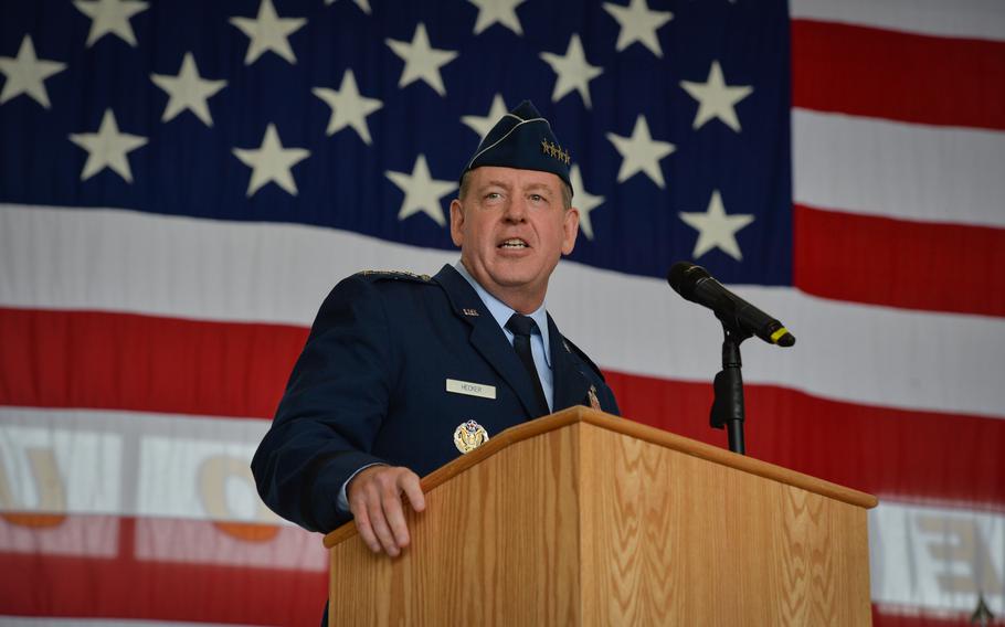 Gen. James B. Hecker, the new U.S. Air Forces in Europe and Air Forces Africa commander, speaks during a change of command ceremony on June 27, 2022, at Ramstein Air Base, Germany. Hecker assumed command of both USAFE-AFAFRICA and NATO Allied Air Command, headquartered at Ramstein, while also taking on the role as director of the Joint Air Power Competence Center at Kalkar, Germany. 