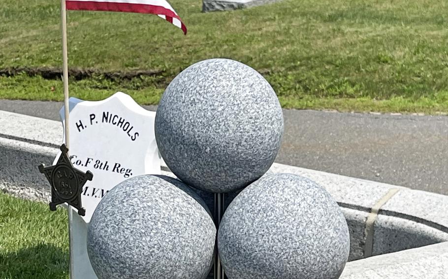 The Civil War Memorial at Riverside Cemetery in Saugus, Mass., on July 7, 2021. The cannonballs had been missing for years — and no one could even remember what had been there. Gordon Shepard contacted the historical society, found out what had been missing, and had them replaced.