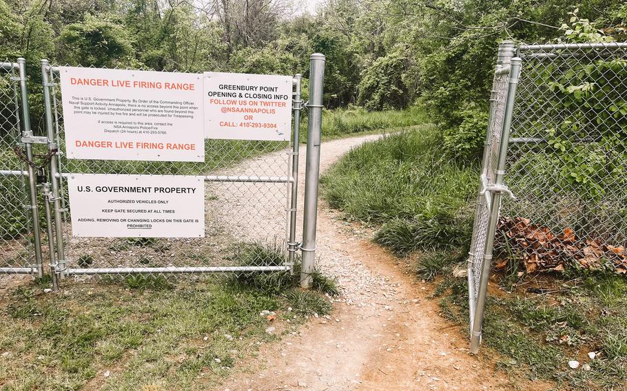 A sign warns of a live firing range at Greenbury Point in Maryland.