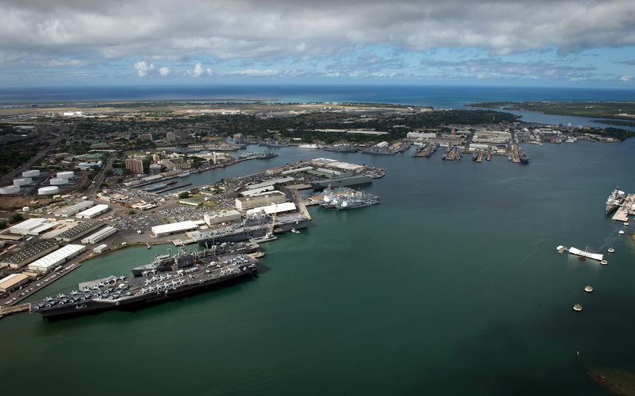 An aerial view of ships moored at Joint Base Pearl Harbor-Hickam, Hawaii, July 6, 2016. 