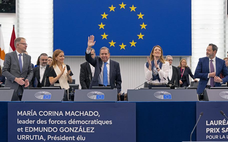 Edmundo González Urrutia and María Corina Machado at the European Union parliament. 