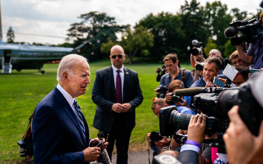 President Joe Biden speaks with the press on the South Lawn of the White House on Aug. 26, 2022, in Washington, D.C.