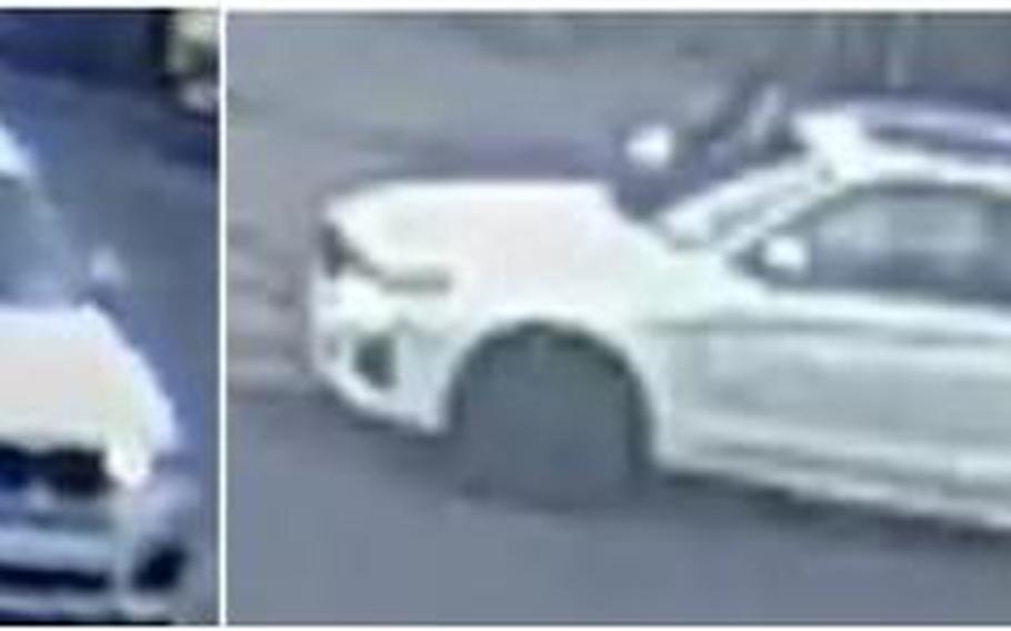 Two blurry photos show the front and side of a white SUV.