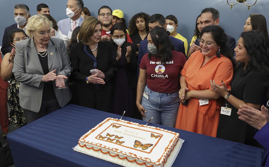 Speaker of the House Nancy Pelosi, D-Calif., second from left, and Rep. Zoe Lofgren, D-Calif.,  left, join DACA recipients and other lawmakers at an event celebrating the 10th anniversary of DACA, at the U.S. Capitol on June 15, 2022, in Washington, D.C. 