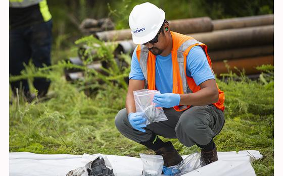 A radiological engineer gathers soil samples to be tested for Per- and Polyfluoroalkyl Substances on Marine Corps Base Camp Lejeune, North Carolina, Aug. 19, 2020. 