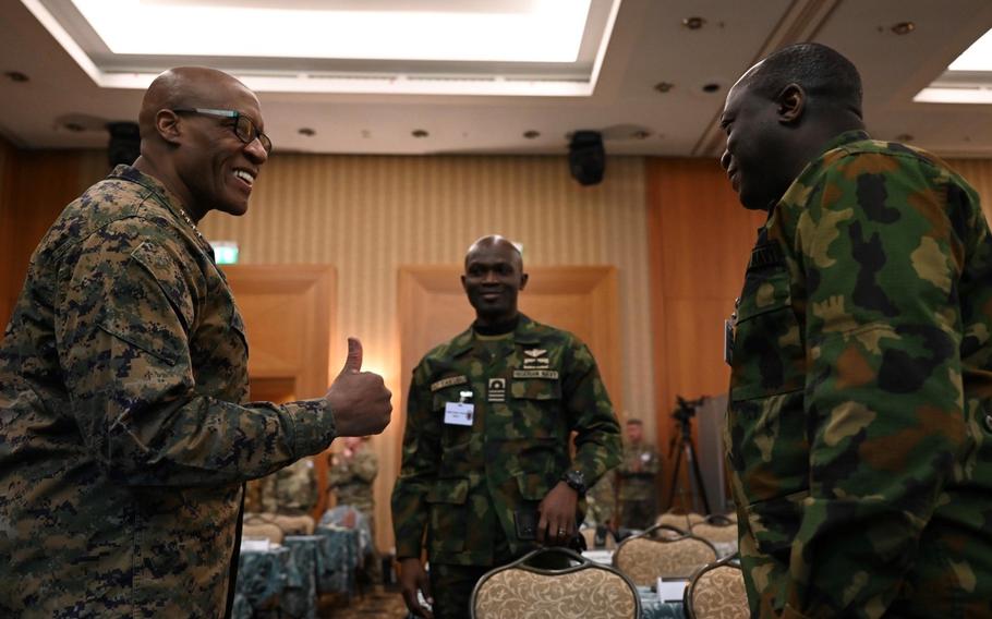 U.S. Africa Command’s Gen. Michael Langley meets with members of the Nigerian navy Dec. 4, 2023, during Silent Warrior 23, a security conference hosted by U.S. Special Operations Command Africa. The gathering in Garmisch-Partenkirchen, Germany, brings together military officials from dozens of countries.