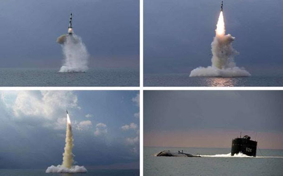 Images released by the Korean Central News Agency show a submarine-launched ballistic missile test by North Korea, Tuesday, Oct. 19, 2021.