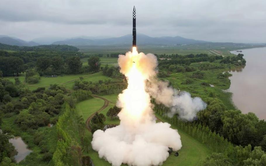 North Korea launches a Hwasong-18 intercontinental ballistic missile in this image released by the state-run Korean Central News Agency, July 13, 2023.