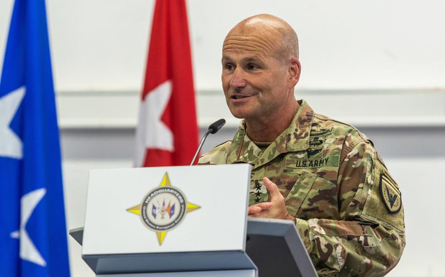 Gen. Christopher Cavoli speaks at U.S. European Command headquarters in Stuttgart, Germany, on July 1, 2022. The top U.S. military officer in Europe said Tuesday that allies are developing a new family of operational plans to defend NATOs eastern flank, where more than 150,000 ground troops are at heightened levels of alert.