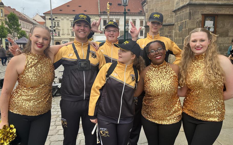 Members of the Stuttgart Legacy Drumline and dance team pose for a photo following their performance during Liberation Festival Pilsen's opening ceremony on Friday, May 3, 2024. 