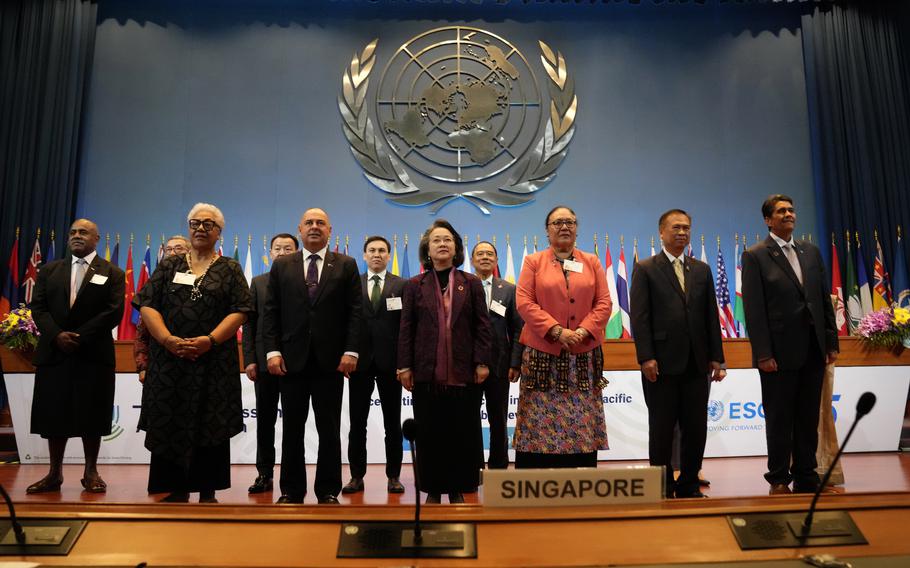Front row from left, Samoa Prime Minister Fiame Naomi Mata'afa, Cook Islands Prime Minister Mark Stephen Brown, Under-Secretary-General of the United Nations and Executive Secretary of ESCAP Armida Salsiah Alisjahbana, Tonga Minister for Foreign Affairs and Minister for Tourism Fekitamoeloa Katoa 'Utoikamanu, Thailand Vice Minister for Foreign Affairs Vijavat Isarahakdi, Palau President Strangle S. Whipps Jr.. Second row from left, Republic of Fiji Assistant Minister office of the Prime Minister Sakiusa Tubuna, Embassy of Indonesia to Thailand Rachmat Budiman, Mongolia Head of human right Division Ankhbayar Nyamdorj, Kazakhstan vice minister of digital development, innovation and aerospace industry Askar Zhambakin, Cambodia Senior Minister & First Vice President, Cambodian Mine Action & Victim Assistance Authority Ly Thuch pose for group photo The 79th commission session of the Economic and Social Commission for Asia and the Pacific (ESCAP) at U.N. regional office in Bangkok, Thailand, Monday, May 15, 2023.