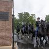 The 3rd US Infantry Regiment (The Old Guard) trains horses on Tuesday, May 13, 2025 in Arlington, VA as they leave Arlington National Cemetery. Percheron-breed horses are used to pull military caissons during funerals at Arlington National Cemetery. The horses are stabled next door to the cemetery at Joint Base Myer-Henderson Hall. (Eric Kayne/Stars and Stripes)