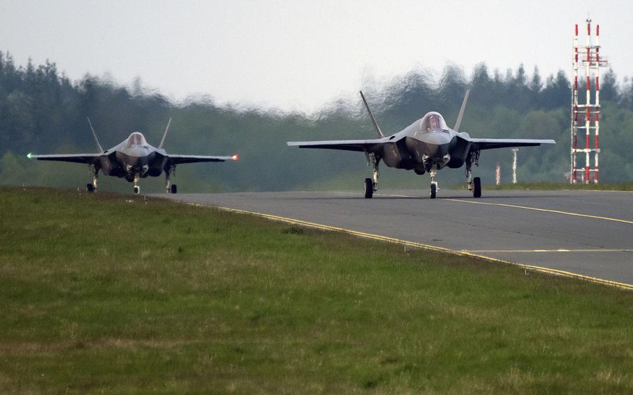 U.S. Air Force F-35A Lightning II aircraft, assigned to the Vermont Air National Guard’s 158th Fighter Wing, taxi after landing at Spangdahlem Air Base, Germany, May 2, 2022. The Vermont Air National Guard team will take over from a Hill Air Force Base squadron’s role in NATO’s air policing mission. 