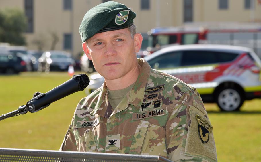 Col. Matthew Gomlak, commander of U.S. Army Garrison Italy, speaks at a ceremony in Vicenza, Italy, on Nov. 10, 2021. Gomlak cautioned members of the base community that sheltering Ukrainian refugees can have security clearance consequences and needs to be cleared with local landlords.