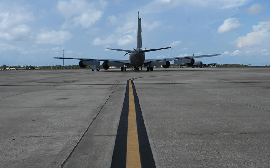 A KC-135 Stratotanker aircraft assigned to the 6th Air Refueling Wing is idle on the flight line on MacDill Air Force Base, Fla., Aug. 28, 2023. All tanker aircraft at MacDill were evacuated in response to the anticipated effects of Hurricane Idalia. 