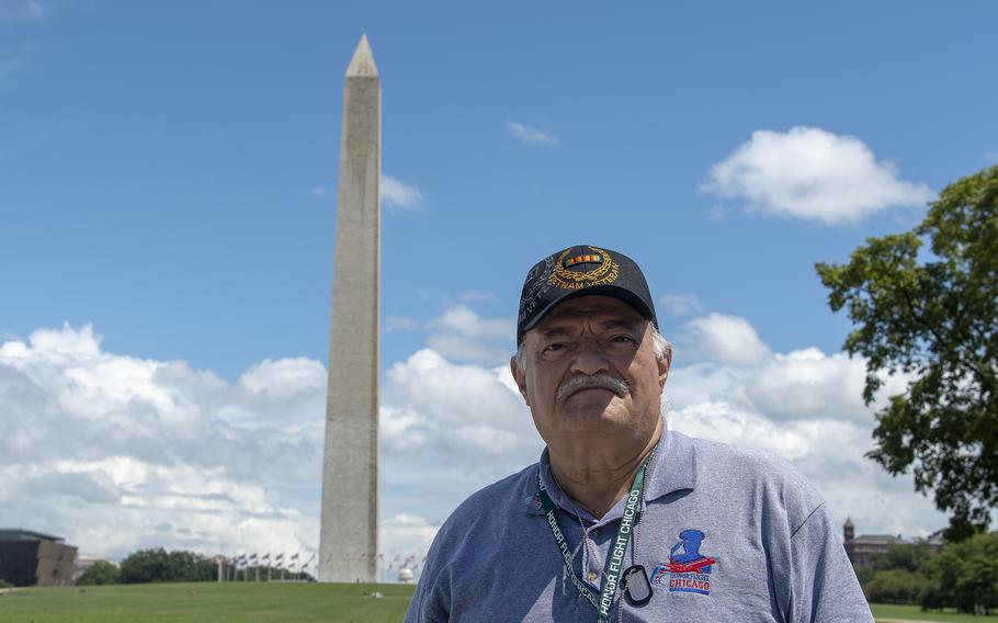 Air Force veteran Mike DiCosola takes in the sights at the World War II Memorial in Washington, D.C., on Wednesday, Aug. 18, 2021, at the conclusion of an Honor Flight ceremony that paid tribute to veterans from World War II, the Korean War and the Vietnam War.