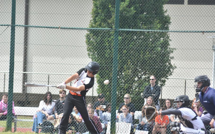 Spangdahlem's Caiden Taherimorovat fouls off a pitch in the DODEA European Division II/III championshp game at Ramstein Air Base, Germany, on Friday, May 24, 2024.