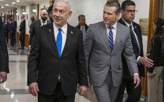 Secretary of Defense Pete Hegseth hosts a bilateral exchange with Israeli Prime Minister Benjamin Netanyahu at the Pentagon, Washington, D.C., Feb. 5, 2025. (DoD photo by U.S. Air Force Senior Airman Madelyn Keech)