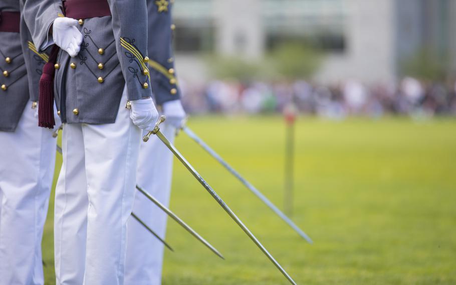 Cadets participate in a graduation parade rehearsal on May 24, 2019, at West Point, N.Y. Authorities in Florida arrested a suspect in a case involving West Point cadets who overdosed Thursday, March 10, 2022, on a substance laced with fentanyl while they were on spring break.