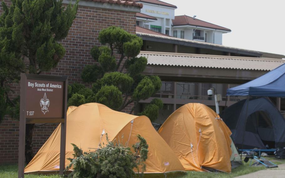 Boy Scouts that fled the heat-stricken world jamboree set up camp at the Boy Scouts of America, Asia West District Headquarters, at Camp Humphreys, South Korea, shown here Aug. 7, 2023. 