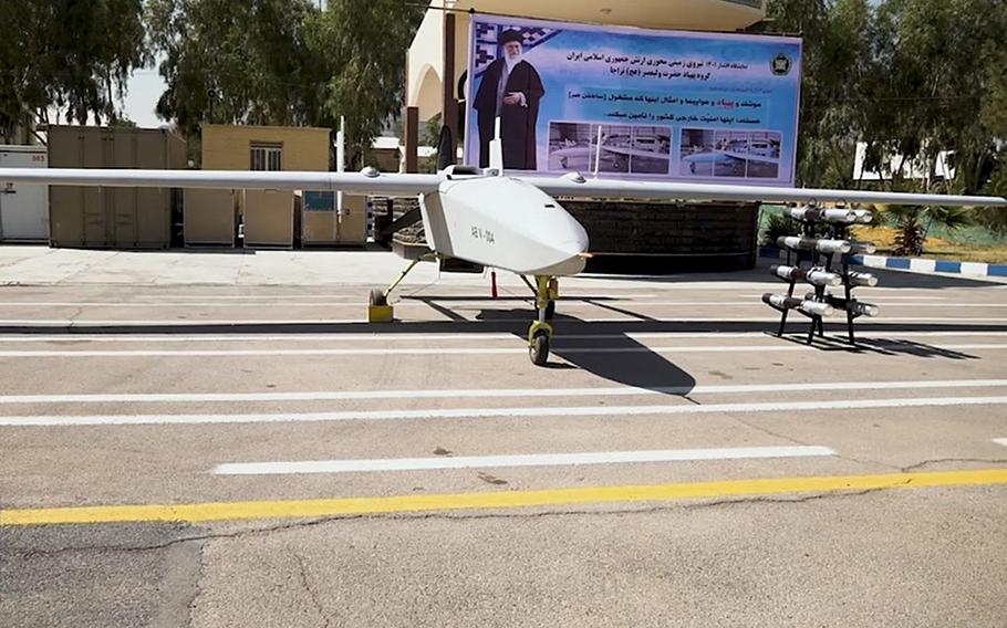 An Iranian Ababil-5 drone on display in Iran. The Air Force is starting a new organization to field-test unmanned systems and artificial intelligence technologies in the Middle East, Lt. Gen. Alexus Grynkewich, 9th Air Force commander, said Monday. 