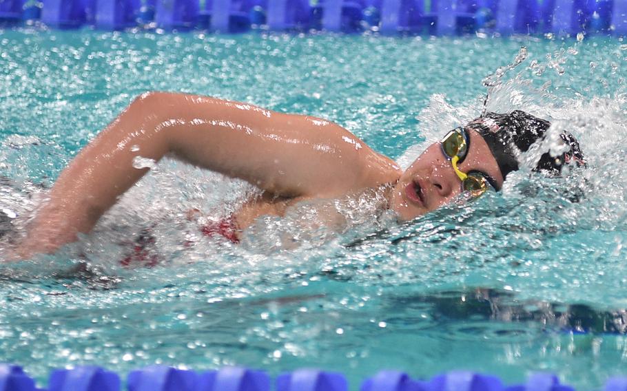 Ashley Roquid of Lakenheath competes in the 17-to-19-year-old 100-meter freestyle race on Saturday during the European Forces Swim League Short Distance Championships at the Pieter van den Hoogenband Zwemstadion at the Zwemcentrum de Tongelreep.