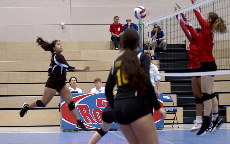 Stuttgart's Ayana Gomez spikes the ball during a match against Kaiserslautern on Thursday at the DODEA European volleyball championships at Ramstein High School.

Matt Wagner/Stars and Stripes