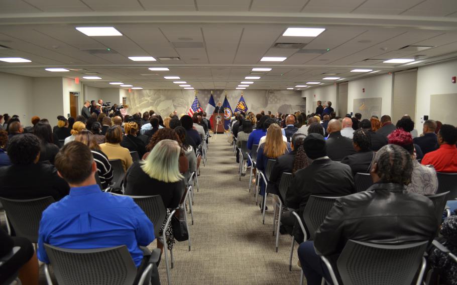 Department of Veterans Affairs Secretary Denis McDonough addresses a room full of job seekers Thursday, Feb. 9, 2023, at the Waco VA Regional Office in Texas. More than 600 people lined up for 115 jobs available to help process toxic exposure claims from veterans. 