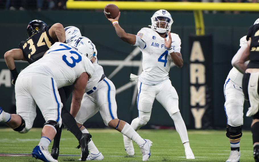 Air Force quarterback Haaziq Daniels throws a pass during an NCAA college football game against Army in Arlington, Texas, Saturday, Nov. 5, 2022. 