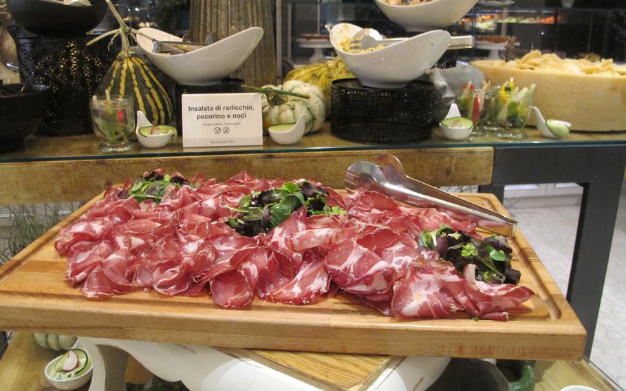 The first and second dinner courses at Hotel Mioni Pezzato in Abano Terme, Italy, are small, but the accompanying buffet is vast and varied. Platters of cured meats, scores of other salads and tons of cheeses are just the tip of the iceberg.