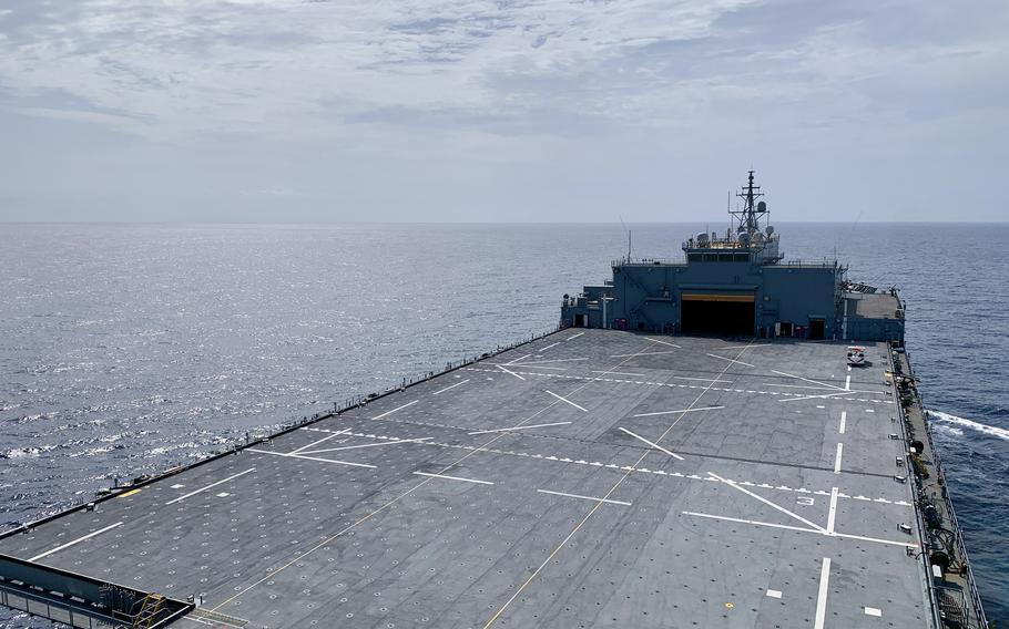 The flight deck and operations center are visible in this photo of USS Hershel "Woody" Williams as it transits the Gulf of Guinea headed to Libreville, Gabon. 
