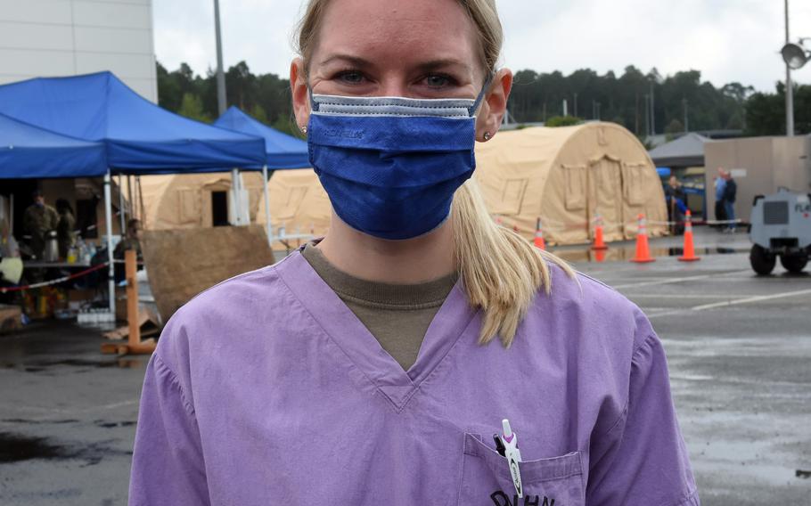 Army Capt. Erin Brymer, a labor and delivery nurse at Landstuhl Regional Medical Center, delivered a baby girl on board a U.S. Air Force C-17 at Ramstein Air Base, Germany, on Saturday, Aug. 21, 2021. Brymer described the intense experience while working at the base, on Monday, Aug. 23, 2021.