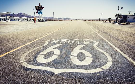 Passing cars are few along a stretch of historic Route 66 in the ghostly crossroads of Amboy in the Mojave Desert, about an hour north of Joshua Tree National Park. The road will celebrate its centennial in 2026. 