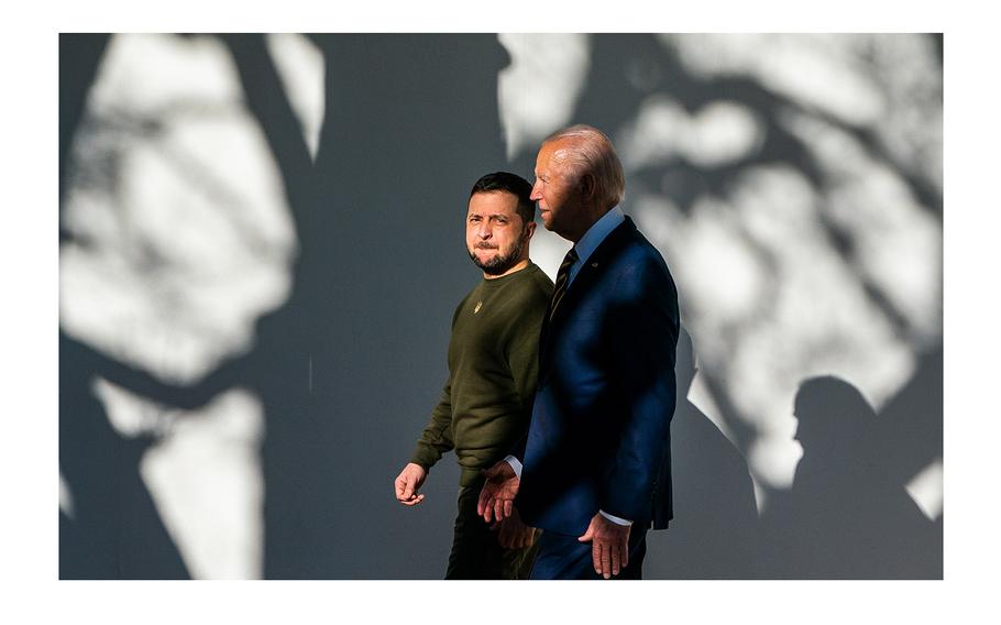U.S. President Joe Biden with Ukrainian President Volodymyr Zelenskyy walk outside the White House in late 2022.