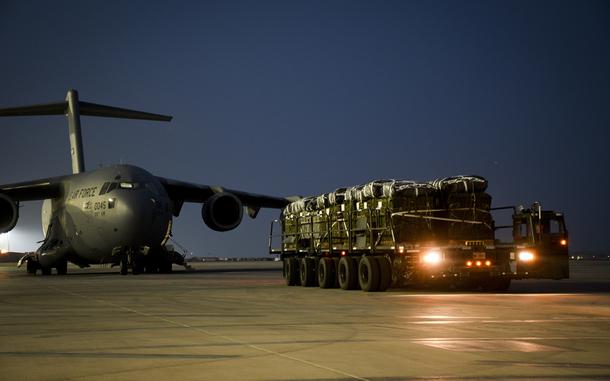 Humanitarian aid for Gaza is loaded onto a U.S. Air Force C-17 Globemaster III on March 16, 2024, at Al Udeid Air Base in Qatar. The pallets of food and water were airdropped into the northern part of the Gaza Strip the following day. 