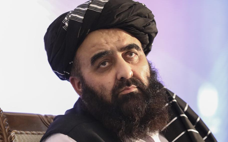 The foreign minister in Afghanistan’s new Taliban-run Cabinet, Amir Khan Mutaqi, gives a press conference in Kabul, Afghanistan, Tuesday, Sept. 14, 2021. Mutaqi said Tuesday that the government remains committed to its promises not to allow militants to use its territory to attack others.
