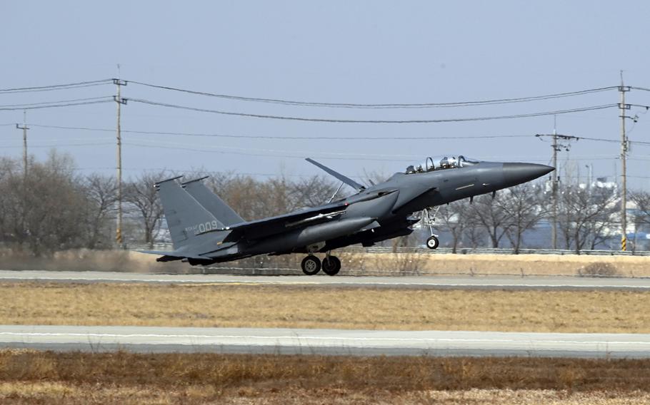 A South Korean F-15K Slam Eagle touches down at Osan Air Base, South Korea, March 4, 2024.