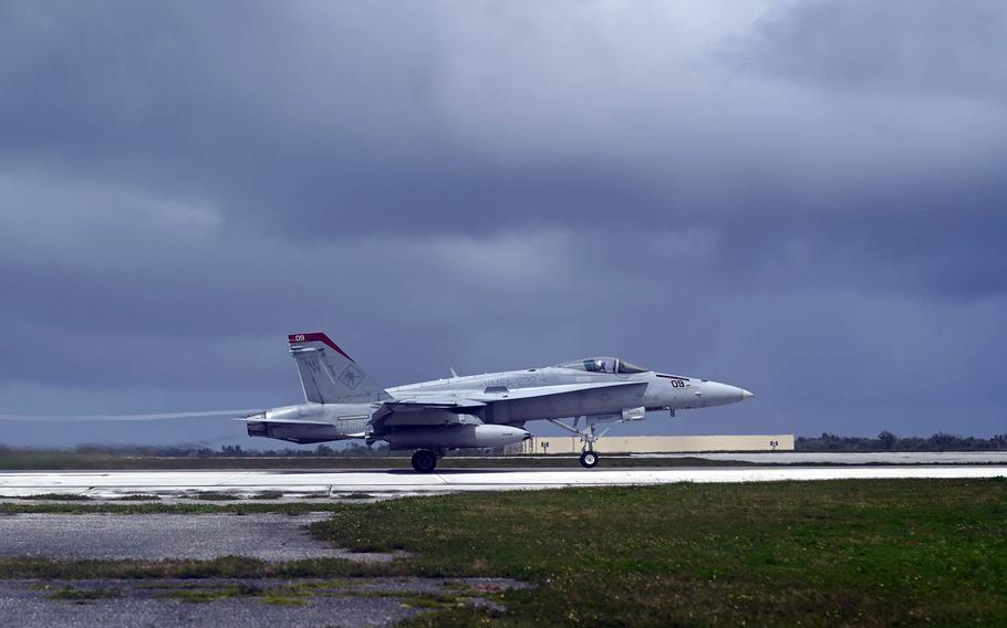 An F-18 Super Hornet with Marine Fighter Attack Squadron 232 take off from Andersen Air Force Base, Guam, Monday, Feb. 5, 2024, during exercise Cope North.