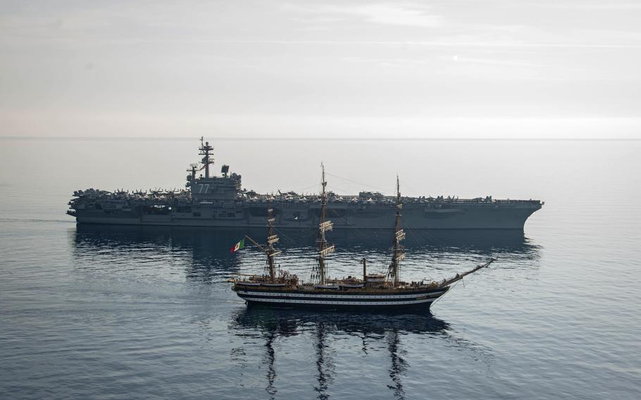 The aircraft carrier USS George H.W. Bush transits the Adriatic Sea alongside the Italian training ship ITS Amerigo Vespucci, Sep. 1, 2022. The ships operated together to commemorate the 60th anniversary of a 1962 meeting between USS Independence and the Vespucci, Italy's senior national vessel.