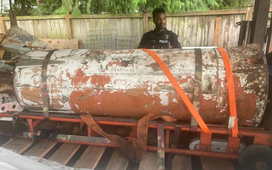 The police bomb squad identified the inert munition as a Douglas AIR-2 Genie air-to-air rocket designed to carry a 1.5-kiloton nuclear warhead. It was found in a garage in Bellevue, Wash. Markings are still visible on the side.